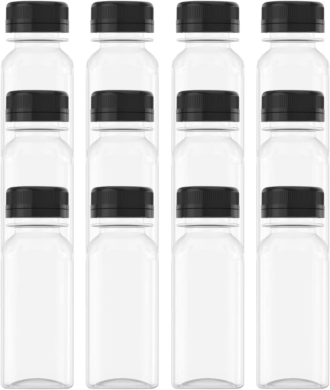 12 Pack 2 oz Mini Plastic Juice Bottles with Black Tamper-Proof Lids, Reusable Square Beverage Containers for Juice, Milk, Smoothies, Sauces, Leak-Proof Food Grade PET Bottles for Home & Commercial Use